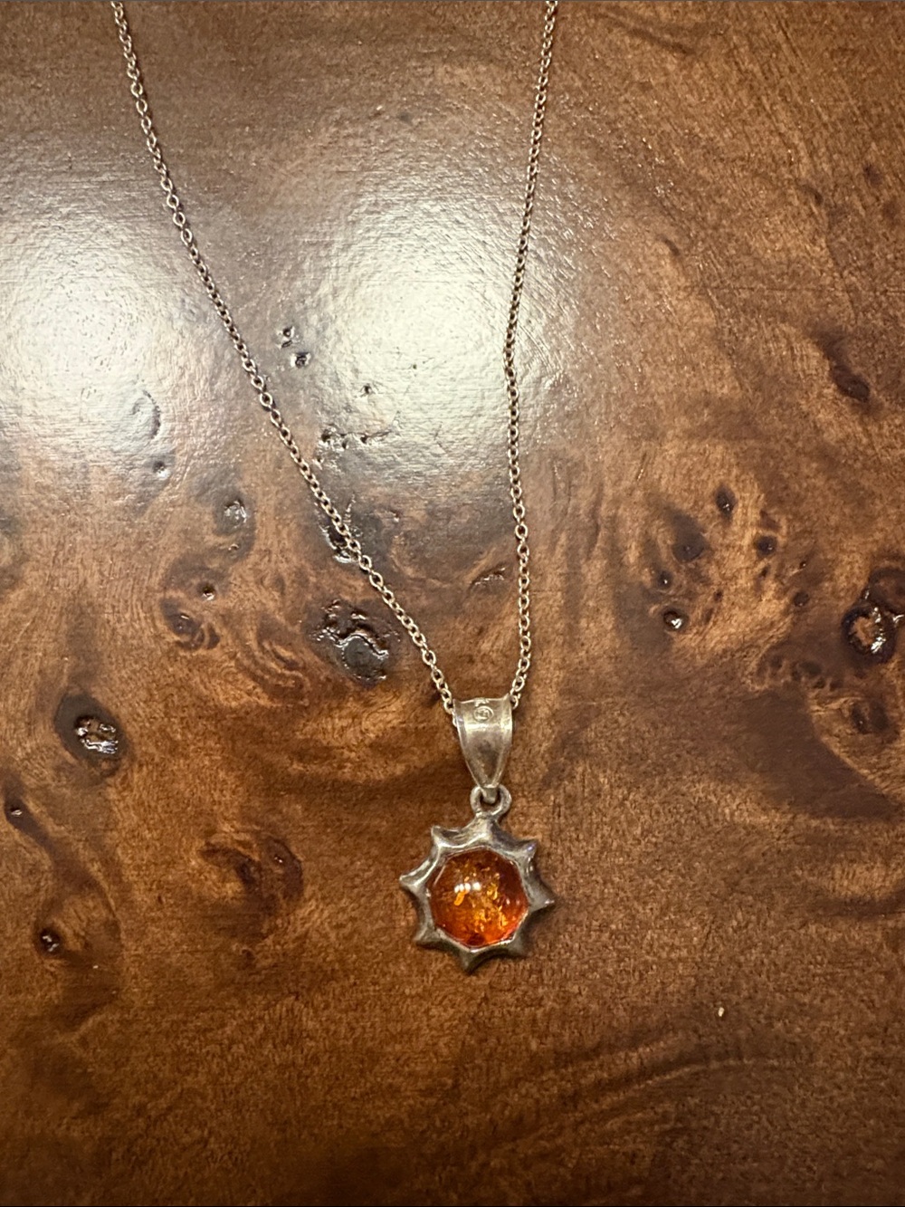 Sterling Silver Sunburst Pendant Necklace with Amber Gemstone